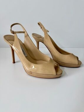 Jimmy Choo Patent Nova 100 Slingback Peep Toe Pumps in Nude, Size 36.5 (6-6.5)